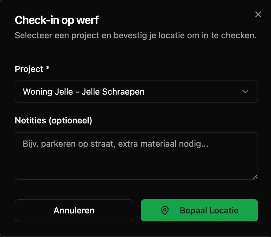 Check-in formulier in de PaintConnect app: selecteer een project en bevestig je locatie om in te checken op de werf