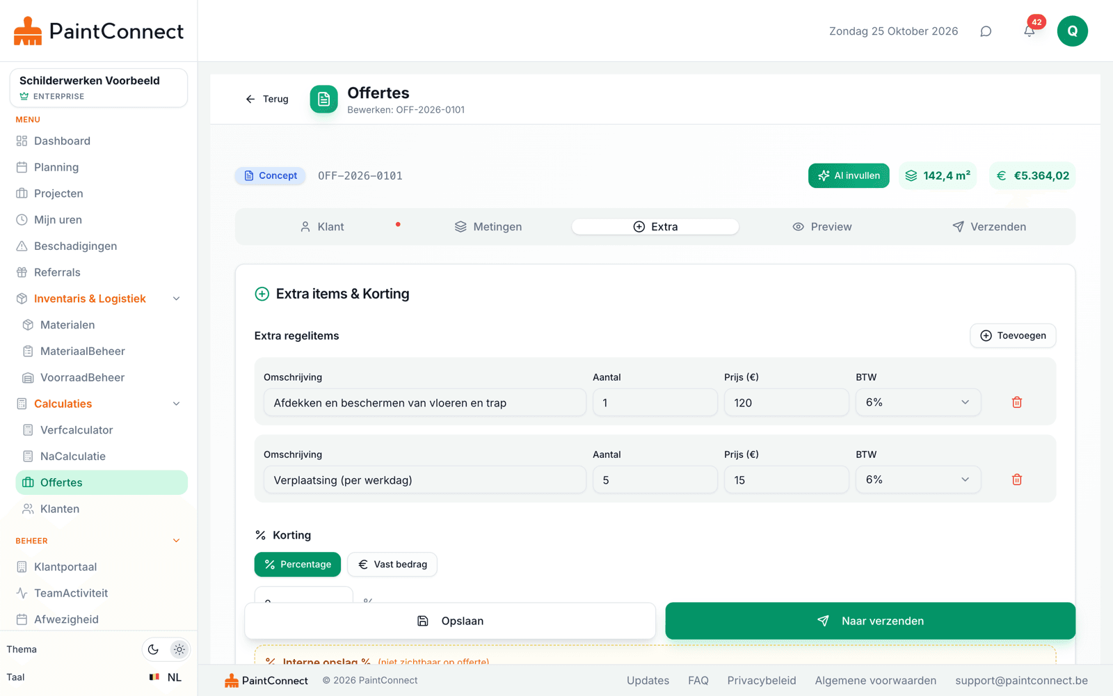 PaintConnect-offerte-editor: extra regelitems voor afdekken en verplaatsing met aantal, prijs en btw, en een korting in procent of vast bedrag