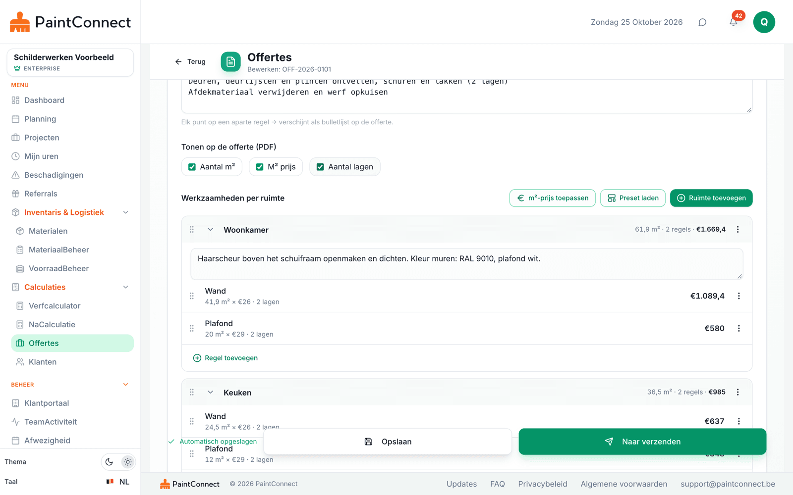 PaintConnect-offerte-editor: werkzaamheden per ruimte met wanden en plafonds, m², prijs per m², lagen en subtotaal per ruimte