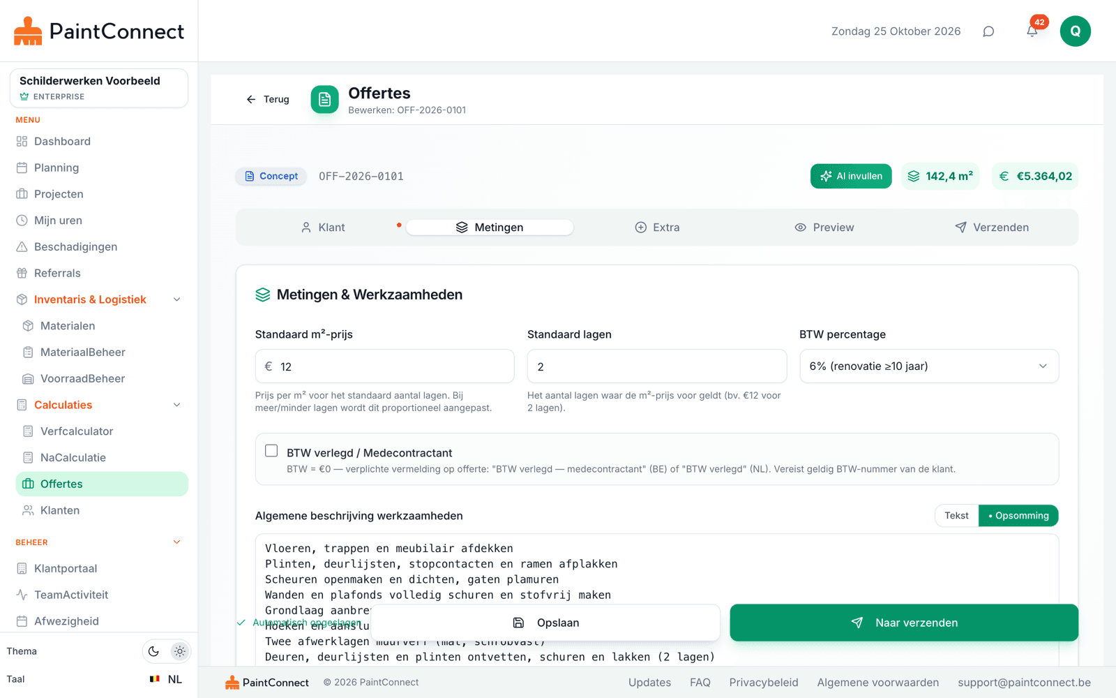 PaintConnect-offerte-editor: standaardprijs per m², standaard aantal lagen, btw-tarief 6% en de optie btw verlegd