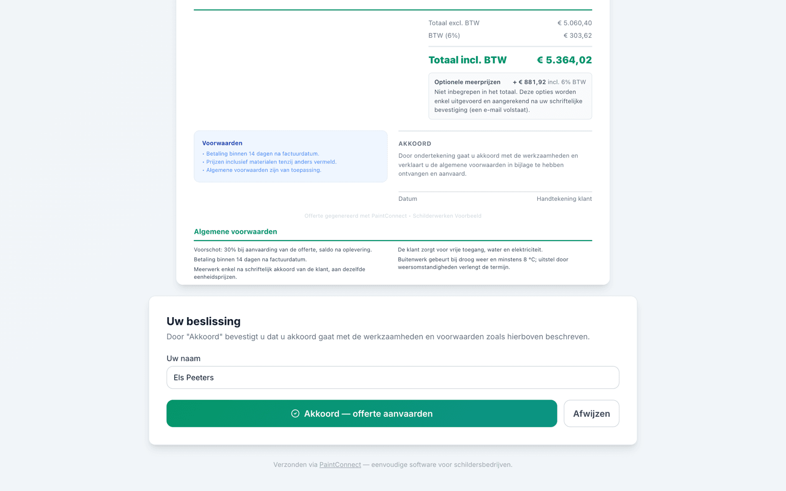 Onderaan de online offerte: totaal met 6% btw, optionele meerprijs en het vak Uw beslissing met de knoppen Akkoord en Afwijzen