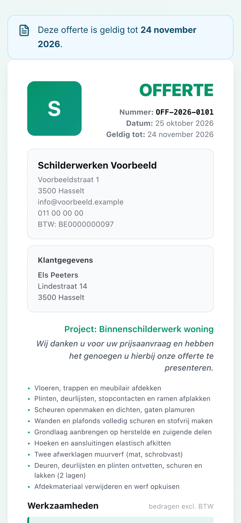 Voorbeeldofferte zoals de klant ze op zijn telefoon ziet: geldigheid, bedrijfs- en klantgegevens, werkomschrijving en de eerste ruimte