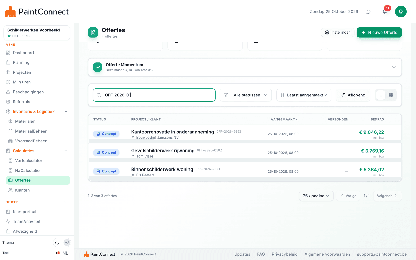 Offertelijst in PaintConnect met drie conceptoffertes, de klant, de aanmaakdatum en het bedrag incl. btw