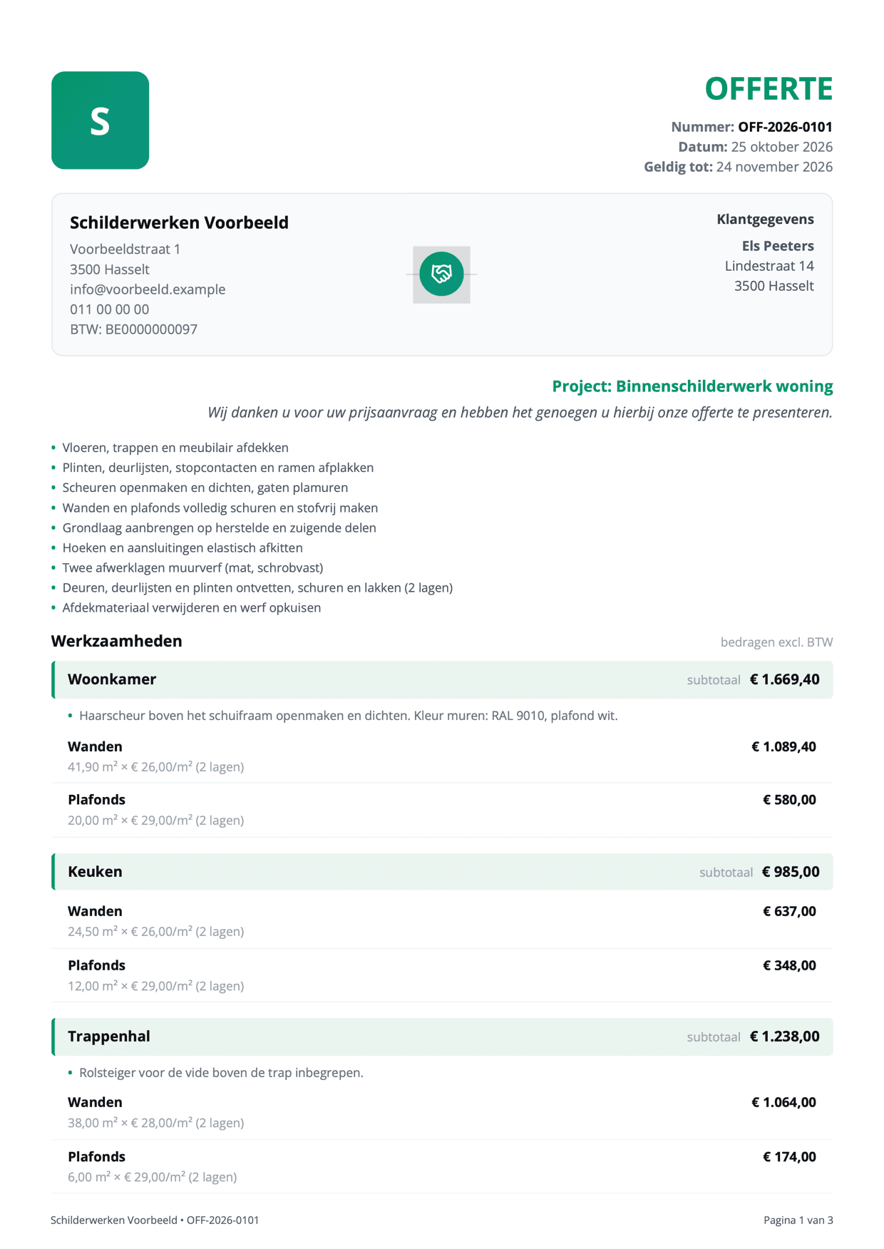 Eerste pagina van een voorbeeldofferte voor binnenschilderwerk met posten per ruimte