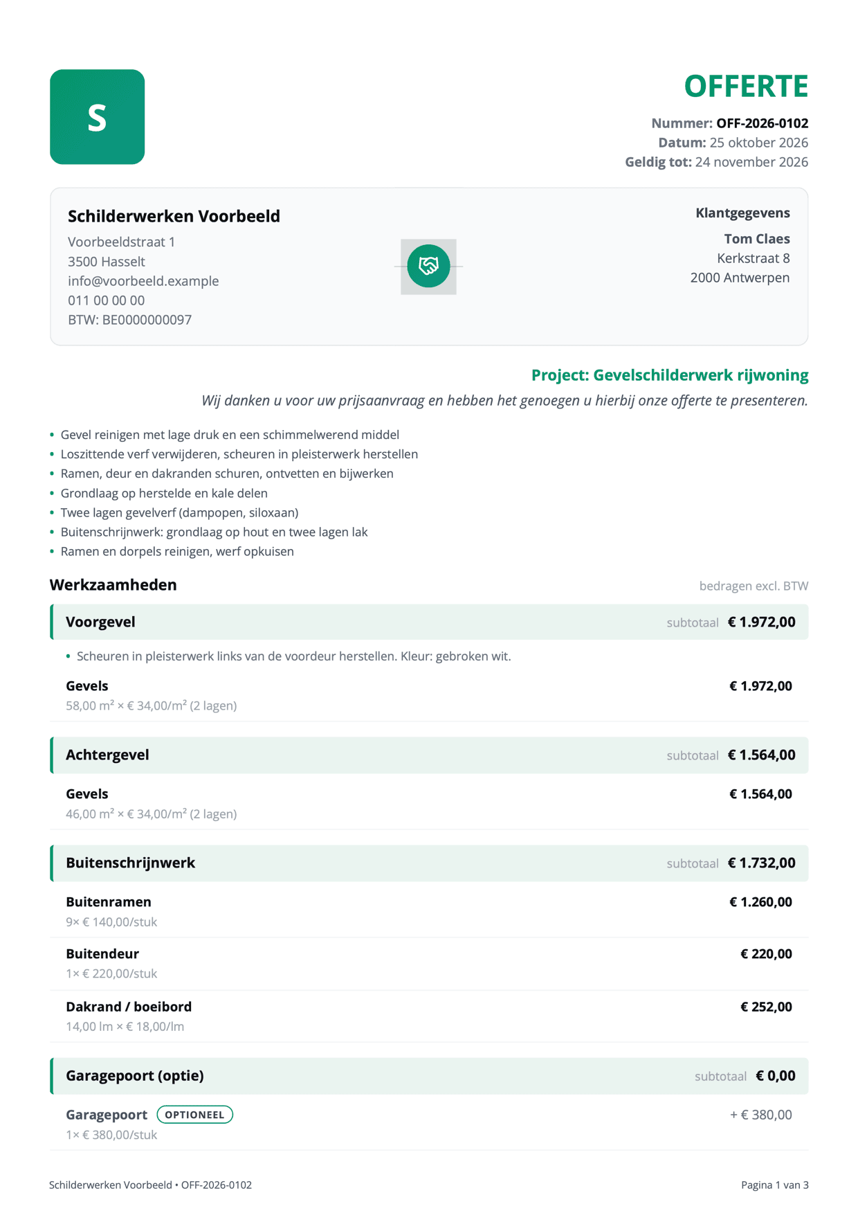 Pagina 1 van de voorbeeldofferte gevelschilderwerk: werkomschrijving, voorgevel, achtergevel, buitenschrijnwerk en optionele garagepoort