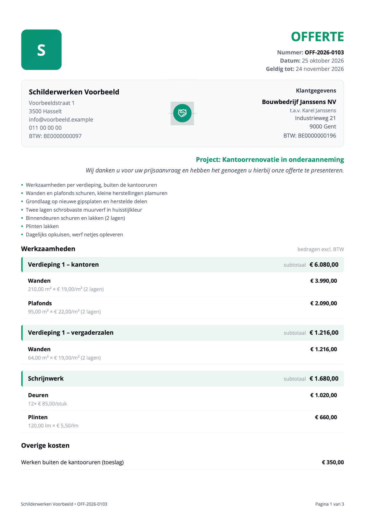 Pagina 1 van de voorbeeldofferte in onderaanneming: klant met btw-nummer, posten per verdieping, schrijnwerk en toeslag